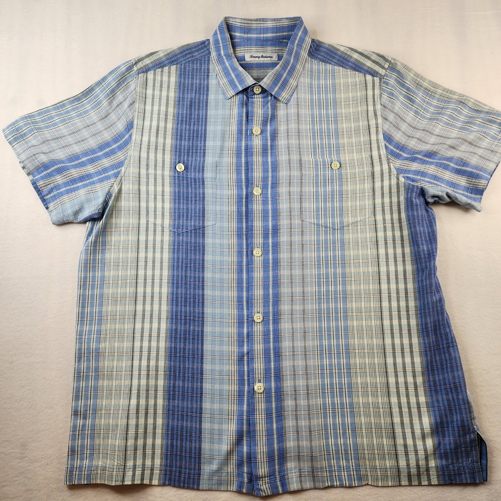 Tommy Bahama Silk Shirt Mens XL Blue Striped Plaid Short Sleeve Button Down